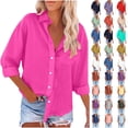 thumbnail image 1 of Fatuov Button Up Shirts for Women Cotton Linen Casual Tops Long Sleeve Button Down Blouses Sexy Solid Color Turn-down Collar Tops Hot Pink, 1 of 4