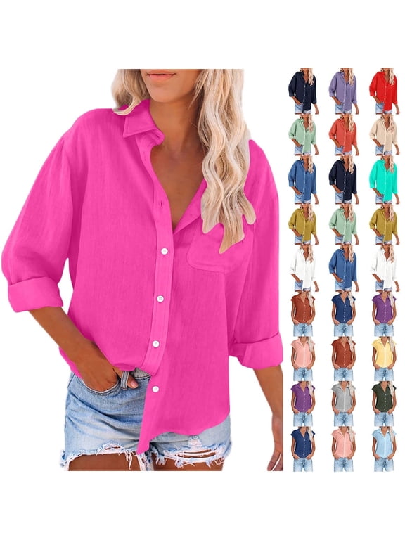 Button Up Shirts for Women Cotton Linen Casual Tops Long Sleeve Button Down Blouses Sexy Solid Color Turn-down Collar Tops Hot Pink