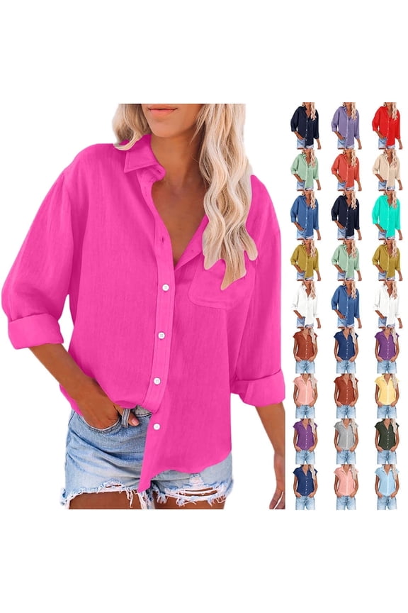 Button Up Shirts for Women Cotton Linen Casual Tops Long Sleeve Button Down Blouses Sexy Solid Color Turn-down Collar Tops Hot Pink