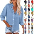 thumbnail image 1 of Fatuov Button Up Shirts for Women Cotton Linen Casual Tops Long Sleeve Button Down Blouses Sexy Solid Color Turn-down Collar Tops Light Blue, 1 of 5