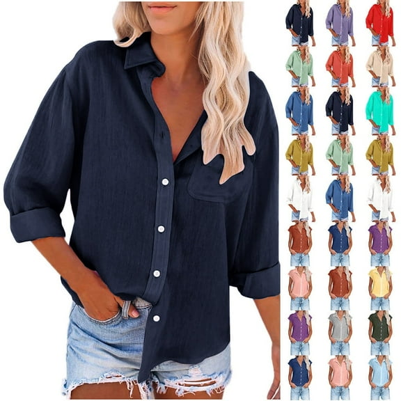 Fatuov Button Up Shirts for Women Cotton Linen Casual Tops Long Sleeve Button Down Blouses Sexy Solid Color Turn-down Collar Tops Navy
