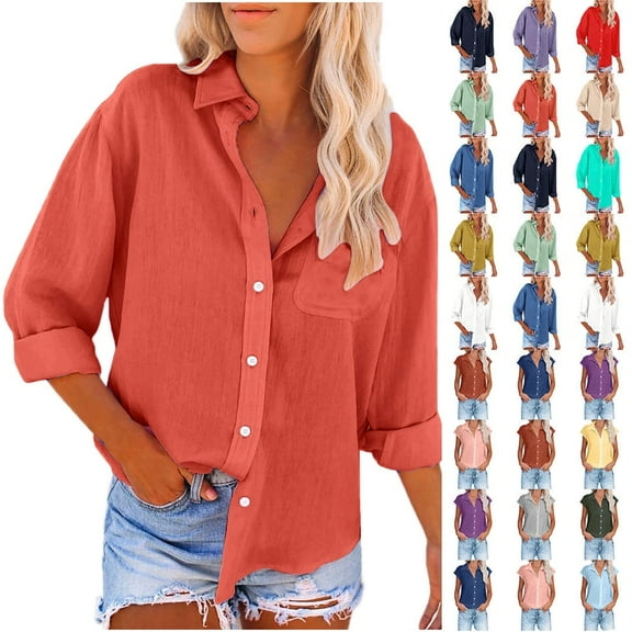 Fatuov Button Up Shirts for Women Cotton Linen Casual Tops Long Sleeve Button Down Blouses Sexy Solid Color Turn-down Collar Tops Orange