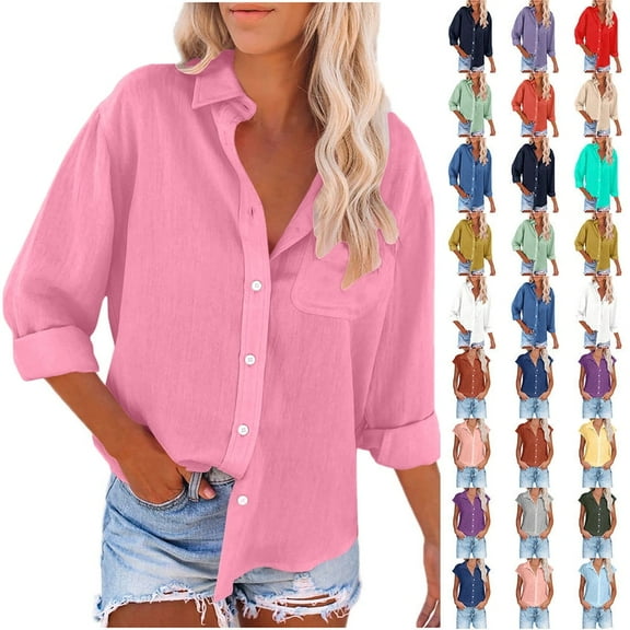 Fatuov Button Up Shirts for Women Cotton Linen Casual Tops Long Sleeve Button Down Blouses Sexy Solid Color Turn-down Collar Tops Pink