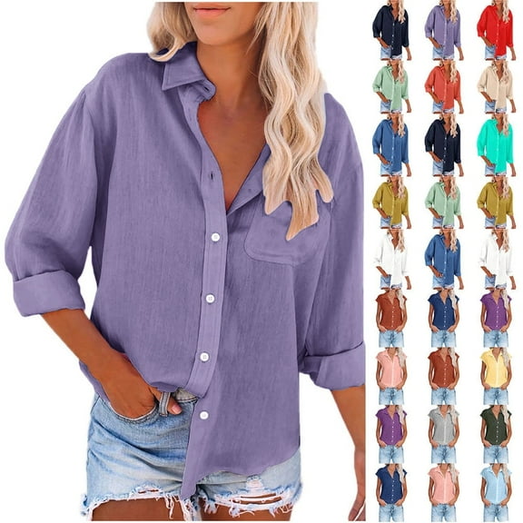 Fatuov Button Up Shirts for Women Cotton Linen Casual Tops Long Sleeve Button Down Blouses Sexy Solid Color Turn-down Collar Tops Purple