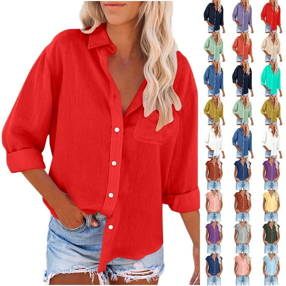 Fatuov Button Up Shirts for Women Cotton Linen Casual Tops Long Sleeve Button Down Blouses Sexy Solid Color Turn-down Collar Tops Red