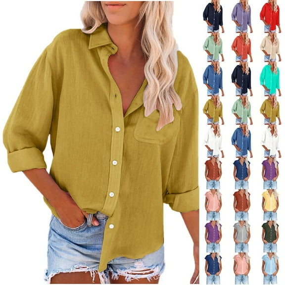 Fatuov Button Up Shirts for Women Cotton Linen Casual Tops Long Sleeve Button Down Blouses Sexy Solid Color Turn-down Collar Tops Yellow