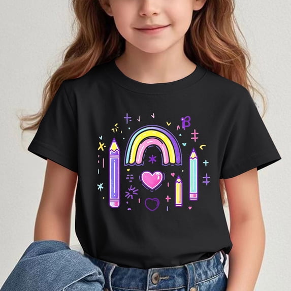Fatuov Girls Cute Print T-Shirts Summer Short Sleeve Everyday Graphic Tee for Kids Boys Crew Neck Back to School Tops 14 Years, Black