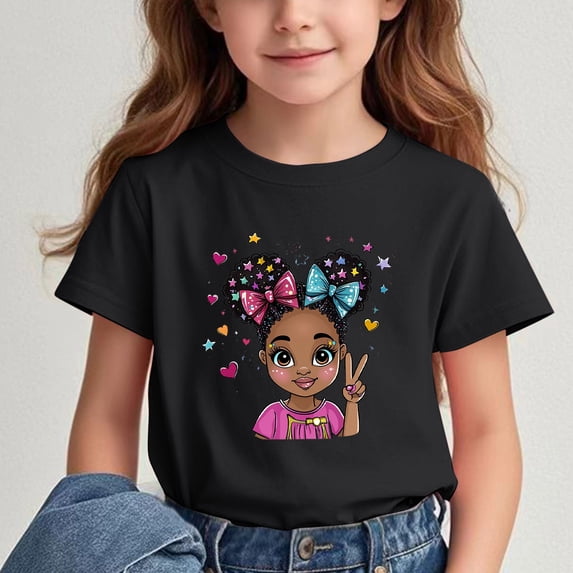 Fatuov Girls Graphic Tees Summer Crew Neck Cute Printed Breathable T-Shirt for Kids Boys Short Sleeve Back to School Clothes 9 Years, Black