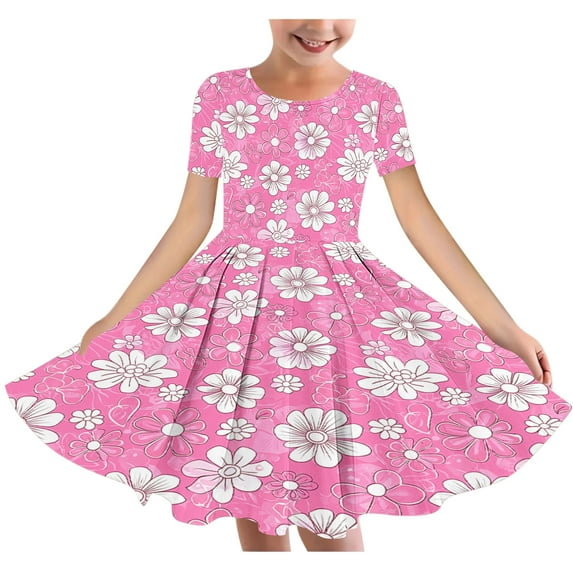 Fatuov Girls Loose Fit Summer Dress Crew Neck Casual Flowy Dress for Travel Floral Print Sundress Size 4-5 Years
