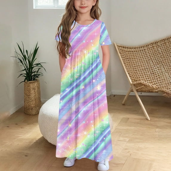 Fatuov Girls Summer Holiday Dress Crew Neck Loose Fit Vacation Long Dress with Pocket Floral Print Sundress for Travel Size 4-5 Years