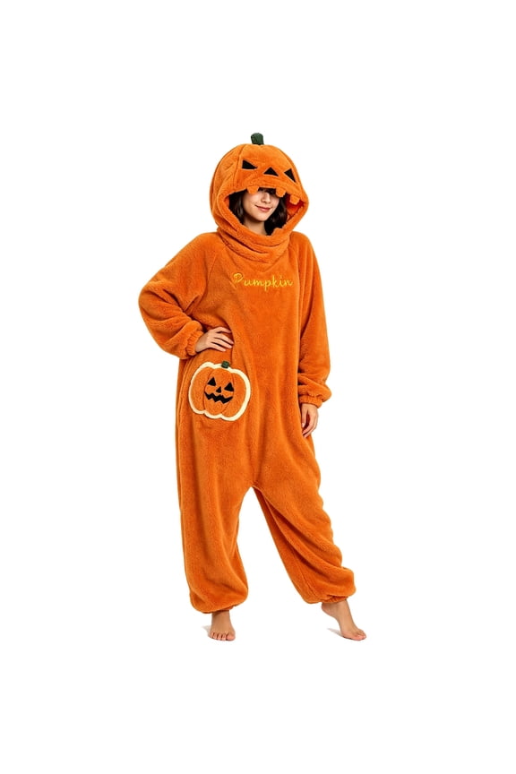 Halloween Pumpkin Costume for Adult, Teen Wearable Pumpkin Fleece Hooded One-Piece Pajamas, Cozy Halloween Cosplay Costume Oversized Loungewear 4'11"-5'2"