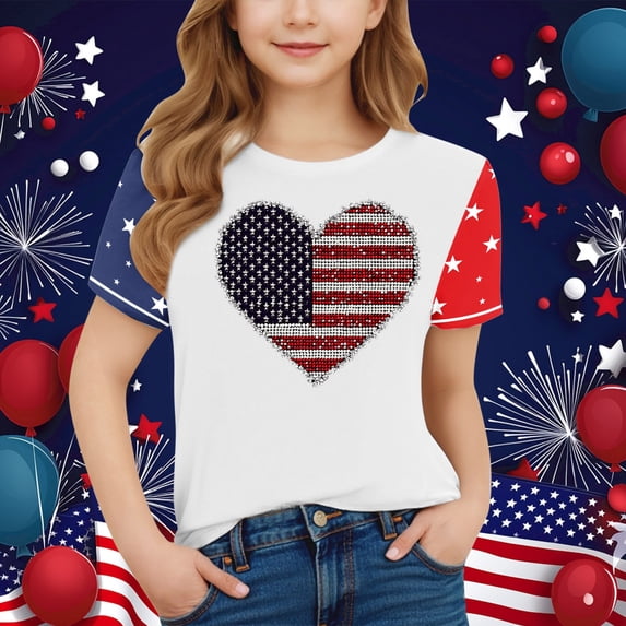 Fatuov Independence Day Boys Shirt Short Sleeve American Flag Print Comfortable Top for Kids Girls Round Neck Summer Fourth of July Patriotic Tshirt 3-15 Years