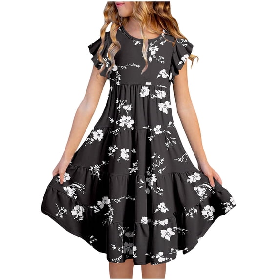 Fatuov Kids Girls Casual Dress Short Sleeve Summer Crew Neck Comfy Dress for School Floral Print Pleated Flowy Sundress with Pocket