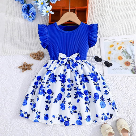Fatuov Kids Girls Summer Dress Crew Neck Floral Print Midi A-Line Princess Dress for Party Short Sleeve Everyday Wear Dress Blue, Sizes 6T