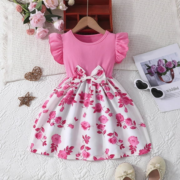 Fatuov Kids Girls Summer Dress Crew Neck Floral Print Midi A-Line Princess Dress for Party Short Sleeve Everyday Wear Dress Pink, Sizes 6T