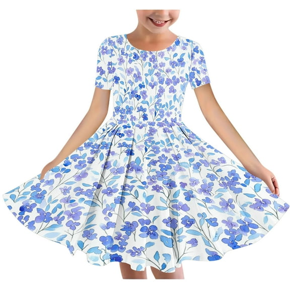Fatuov Girls Dresses Summer Floral Print Play Dresses for Girls,Kids,Toddler Short Sleeve Crew Neck Midi Dance Dress Multicolor Size 9-10 Years