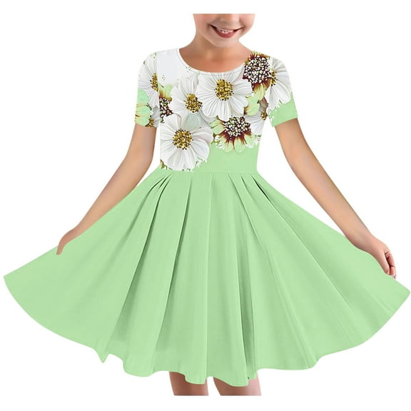 Fatuov Girls Dresses Summer Floral Print Play Dresses for Girls,Kids,Toddler Short Sleeve Crew Neck Midi Dance Dress Green Size 9-10 Years
