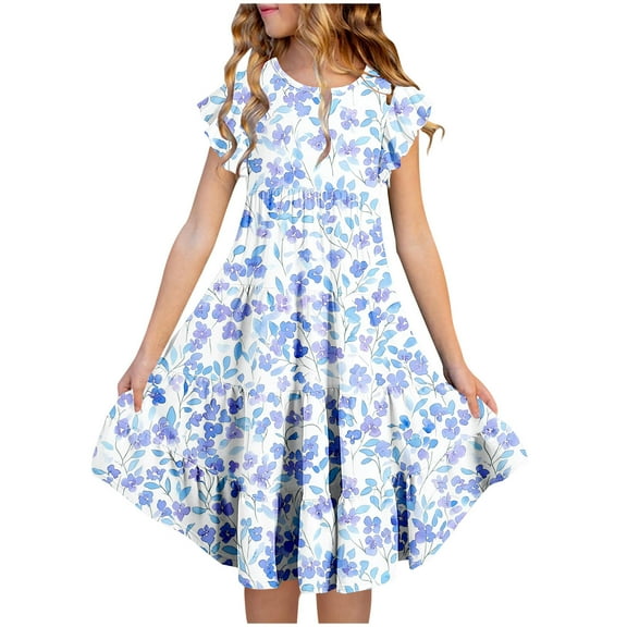 Fatuov Kids Girls Summer Dress Floral Print Ruffle Sleeve Midi Casual Dress with Pocket Crew Neck Flowy Pleated Play Dress Multicolor, Sizes 12-13 Years
