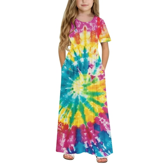 Fatuov Kids Girls Tie-Dye Swing Dress Crew Neck Printed Vacation Summer Dress with Pocket Loose Fit Long Dress for Summer Size 4 Years
