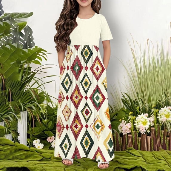 Fatuov Kids Girls Vintage Print Dress Comfortable Long Dress with Pocket Loose Fit Crew Neck Summer Dress for Beach Size 5 Years