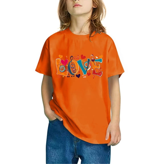 Fatuov Kids Summer Casual Valentine Tops Round Neck Short Sleeve Soft Cute Heart Graphic Tees for Boys Girls 3-14 Years