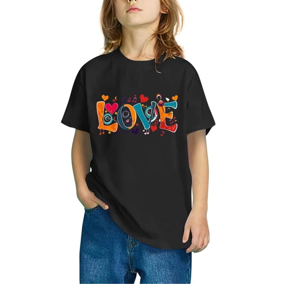 Fatuov Kids Summer Casual Valentine Tops Round Neck Short Sleeve Soft Cute Heart Graphic Tees for Boys Girls 3-14 Years