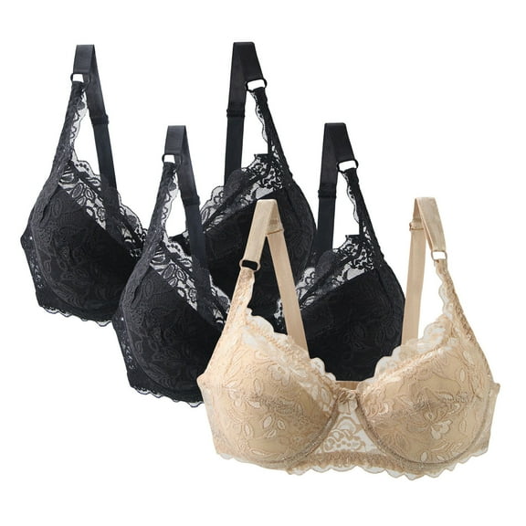 Fatuov Lace Seamless Bras for Women Plus Size Full Coverage Comfort Bras Underwear for Daily Sexy Sports Bras 44C, Beige, 3-Pack