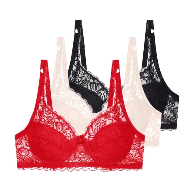 Fatuov Lace Underwire Bras for Women Push Up Breathable Daily Bra for Travel, Full Coverage Supportive Solid Color Lightly Lined Bra 3-Pack, 36B, Hot Pink