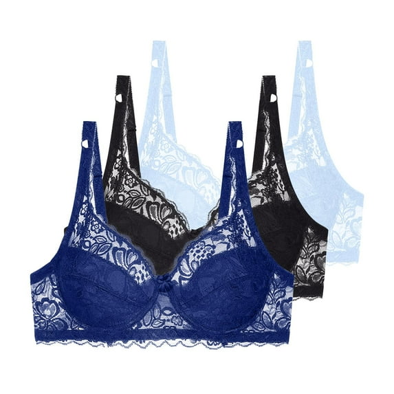 Fatuov Lace Underwire Bras for Women Push Up Breathable Daily Bra for Travel, Full Coverage Supportive Solid Color Lightly Lined Bra 3-Pack, 42B, Dark Blue