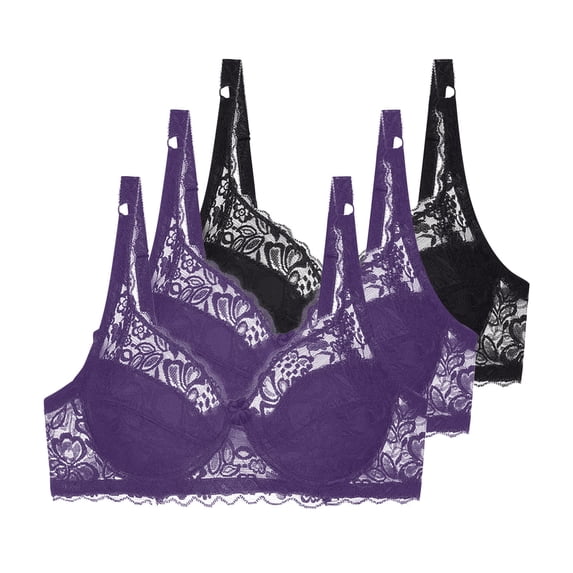 Fatuov Lace Underwire Bras for Women Solid Color Full Coverage Breathable T-Shirt Bra for Office, Push Up Supportive Lightly Lined Bra 3-Pack, 36C, Black