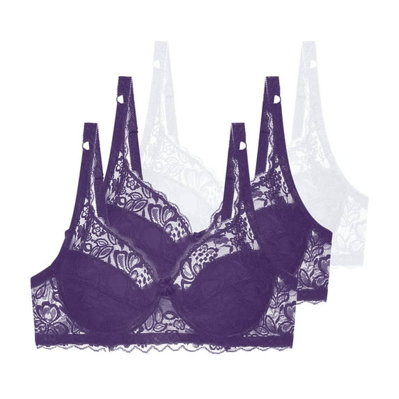 Fatuov Lace Underwire Bras for Women Solid Color Full Coverage Breathable T-Shirt Bra for Office, Push Up Supportive Lightly Lined Bra 3-Pack, 38B, White