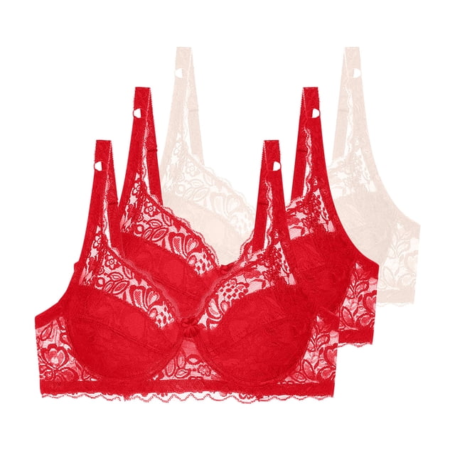 Fatuov Lace Underwire Bras for Women Full Coverage Push Up Soft Daily Bra for Travel, Supportive Solid Color Lightly Lined Bra 3-Pack, 38C, Beige