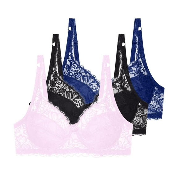 Fatuov Lace Underwire Bras for Women Full Coverage Solid Color Push Up Breathable Daily Bra for Work, Supportive Lightly Lined Bra 3-Pack, 44C, Black