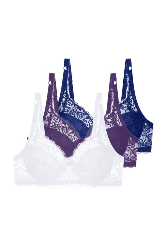 Lace Underwire Bras for Women Full Coverage Solid Color Push Up Breathable Daily Bra for Work, Supportive Lightly Lined Bra 3-Pack, 44C, White