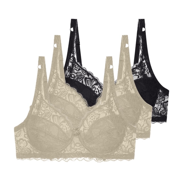 Fatuov Lace Underwire Bras for Women Solid Color Comfort Bra for Office, Push Up Full Coverage Supportive Lightly Lined Bra 3-Pack, 36B, Black