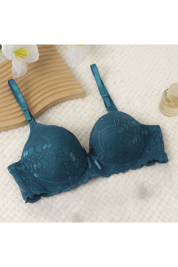 Lace Underwire Bras for Women Supportive Solid Color Full Coverage Comfort Bra for Vacation, Push Up Lightly Lined Bra 32B, Army Green