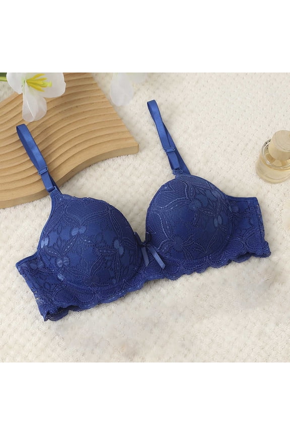 Lace Underwire Bras for Women Supportive Solid Color Full Coverage Comfort Bra for Vacation, Push Up Lightly Lined Bra 36B, Blue