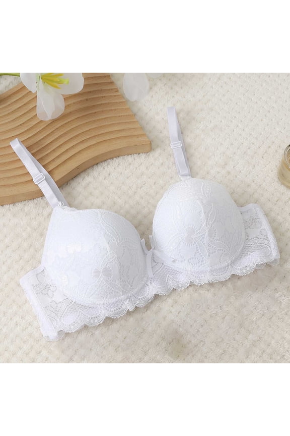 Lace Underwire Bras for Women Supportive Solid Color Full Coverage Comfort Bra for Vacation, Push Up Lightly Lined Bra 36B, White