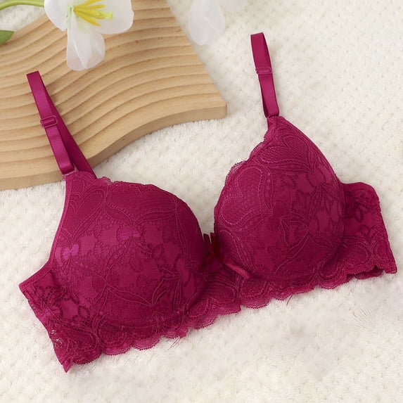 Fatuov Lace Underwire Bras for Women Supportive Solid Color Full Coverage Comfort Bra for Vacation, Push Up Lightly Lined Bra 38B, Wine