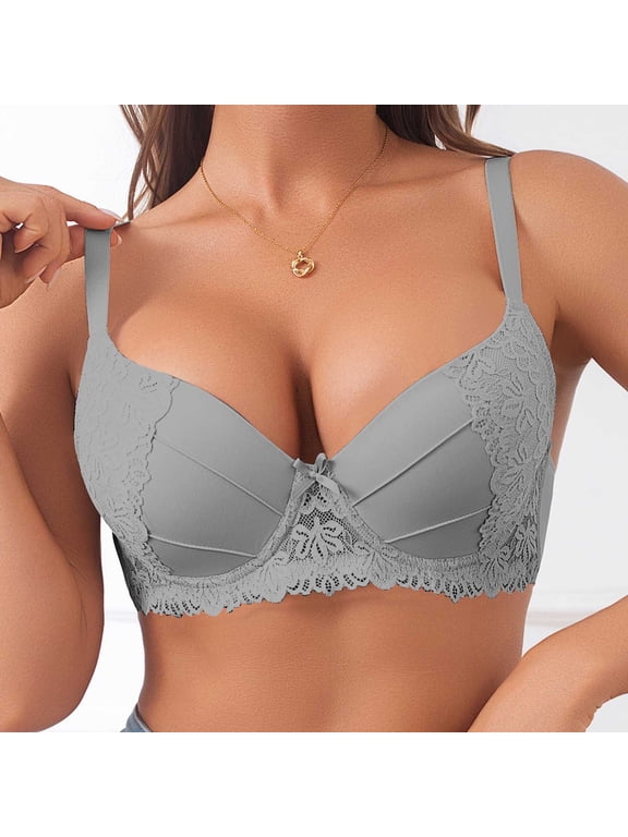 Lace Wire Bras for Women Full Coverage Push Up Soft T-Shirt Bra for Casual, Supportive Solid Color Underwear 32B, Gray