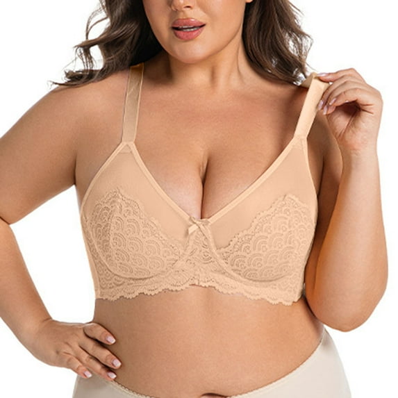 Fatuov Lace Wire Bras for Women Solid Color Comfort Bra for Casual, Push Up Full Coverage Supportive Lightly Lined Bra 42F, Beige