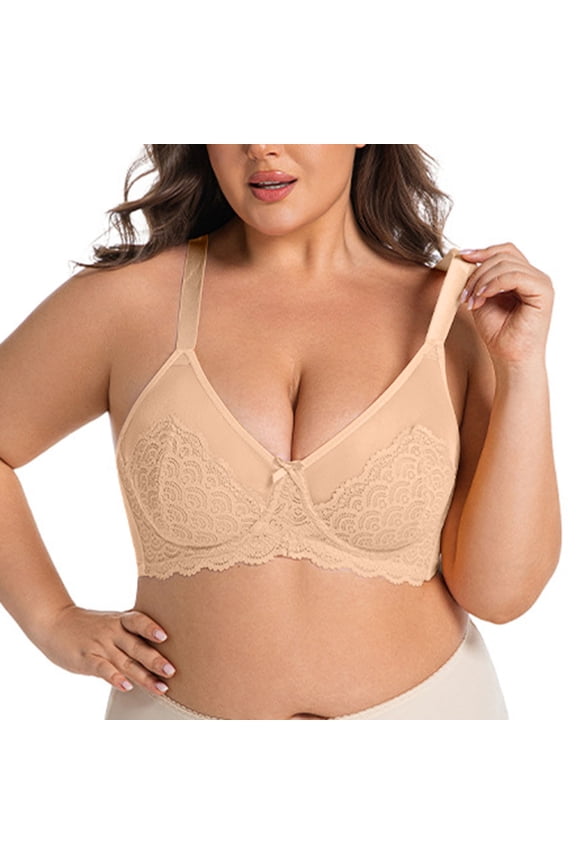 Lace Wire Bras for Women Solid Color Comfort Bra for Casual, Push Up Full Coverage Supportive Lightly Lined Bra 42F, Beige
