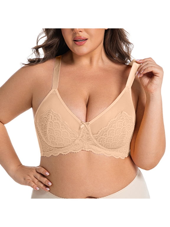 Lace Wire Bras for Women Solid Color Comfort Bra for Casual, Push Up Full Coverage Supportive Lightly Lined Bra 44F, Beige