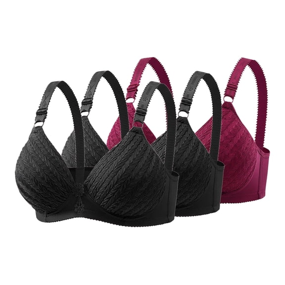 Fatuov Lace Wirefree Bras for Women Plus Size Full Coverage All Day Comfort Bras for Travel Seamless Embroidery Push Up Soft T-Shirt Bras, 3-Pack, Wine, 42B