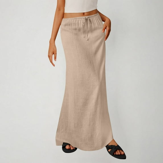 Fatuov Linen Maxi Skirts for Women Trendy Summer Beach Skirts for Vacation Drawstring A-Line Comfy Long Flowy Skirts Khaki