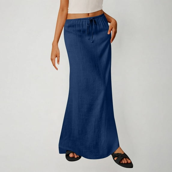 Fatuov Linen Maxi Skirts for Women Trendy Summer Beach Skirts for Vacation Drawstring A-Line Comfy Long Flowy Skirts Navy