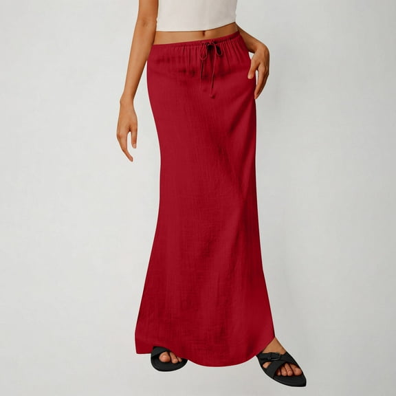 Fatuov Linen Maxi Skirts for Women Trendy Summer Beach Skirts for Vacation Drawstring A-Line Comfy Long Flowy Skirts Red