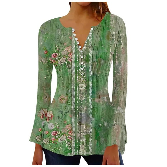 Fatuov Long Sleeve Tops for Women Button V-Neck Trendy Casual Blouses Fall Fashion Pleated Boho Floral Graphic T-shirts Clothes Multicolor L
