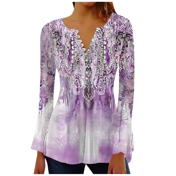 Fatuov Long Sleeve Tops for Women Button V-Neck Trendy Casual Blouses Fall Fashion Pleated Boho Floral Graphic T-shirts Clothes Multicolor S