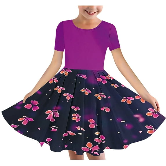 Fatuov Loose Fit Dress for Girls Summer Crew Neck Casual Flowy Dress for Outdoor Floral Print Sundress Size 13-14 Years